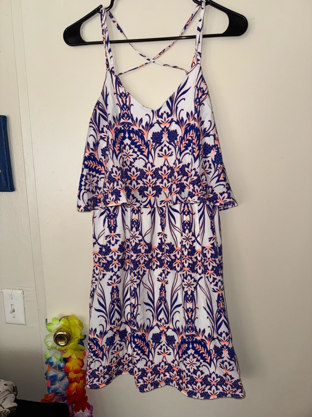 Charming Charlie Floral Print Strappy Sundress in White, Navy & Coral